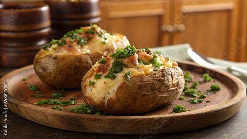 Two stuffed baked potatoes with cheese and greens.
Appetizing twice-baked potatoes filled with delicious toppings.
Comfort food dinner with cheesy baked potatoes on a wooden board.