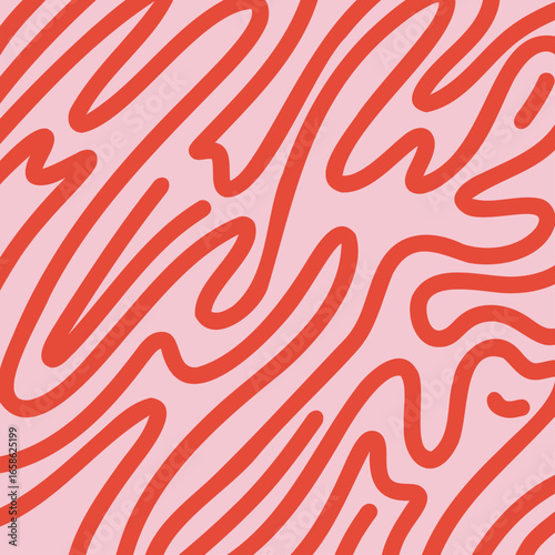 Abstract 70s Wavy Lines Background with Dynamic Strokes. Trendy Vector Illustration in Retro Style. Pink and Red colors