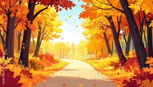 Autumn foliage along a peaceful path. Vibrant autumn trees with winding road. Colorful fall trees on scenic pathway. Warm autumn leaves on a tranquil path. Bright fall forest with golden trees