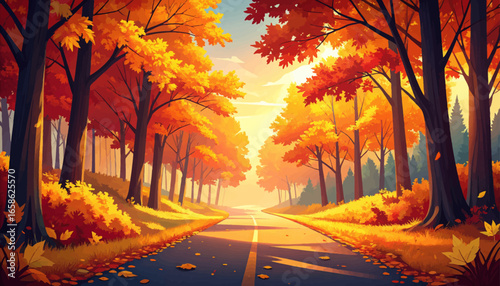 Autumn road with colorful leaves. Fall foliage on winding road. Beautiful fall landscape road. Scenic autumn street view. Tree-lined road in autumn