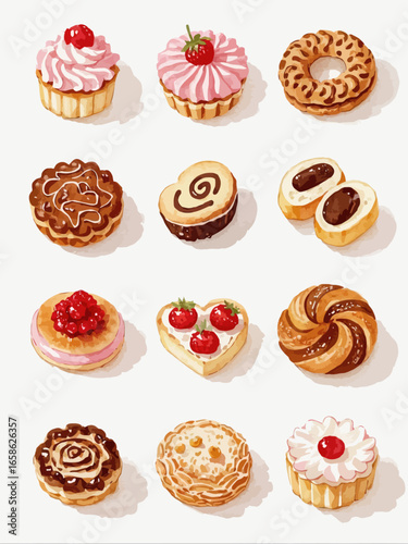 Hand-drawn cartoon exquisite desserts, cream cakes and ice cream, bread and doughnuts, oil painting style vector illustrations