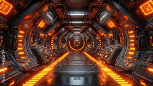 Futuristic Spaceship Corridor: Neon Orange Glow