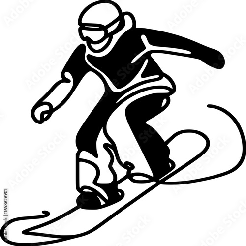 Snowboarder's Descent: Silhouette of a snowboarder in action, showcasing speed and balance during a dynamic ride down a snowy slope.