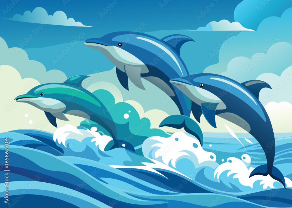 Obraz premium Graceful dolphin leaping illustration in CMYK with Helvetica and Courier fonts