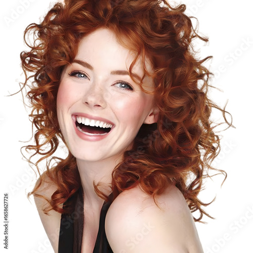 Beautiful young redhead woman with long curly hair smiling happily, isolated on transparent background, showcasing healthy shiny hair and a joyful expression, perfect for beauty and lifestyle concepts