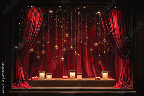 Elegant Jewelry Store Window Display with Red Velvet Curtains and Golden Ornaments Showcasing Necklace Gift Sets