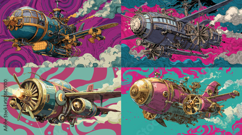 Colorful steampunk airships flying through clouds with brass engines and vibrant retro backdrops. Vintage sci-fi aviation art full of detail and fantasy energy.