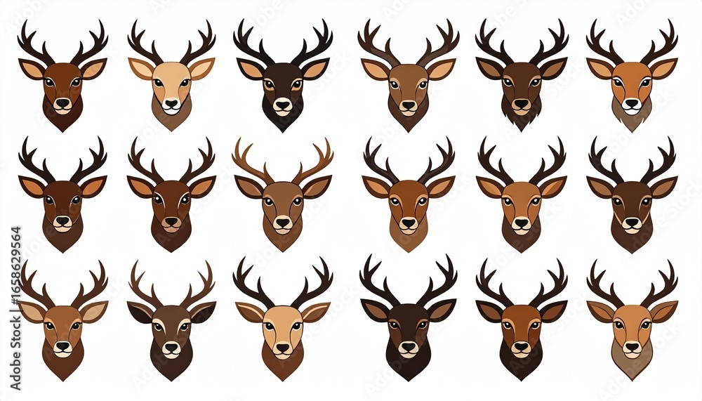 Fototapeta premium Collection of Deer Head Illustrations Brown Antler Set.