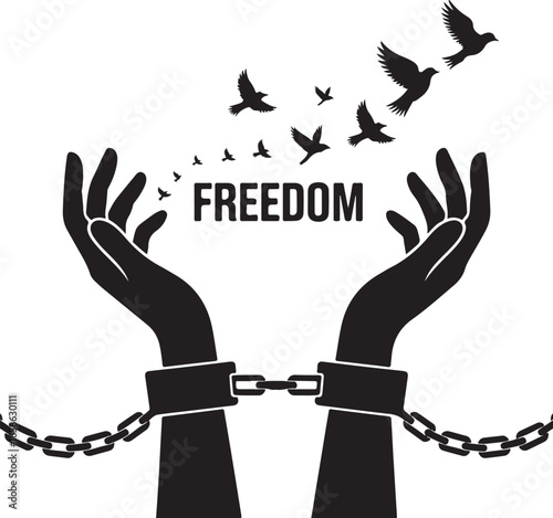 Chained hands release birds symbolizing freedom hope and breaking free against white background showing resilience and liberty concept