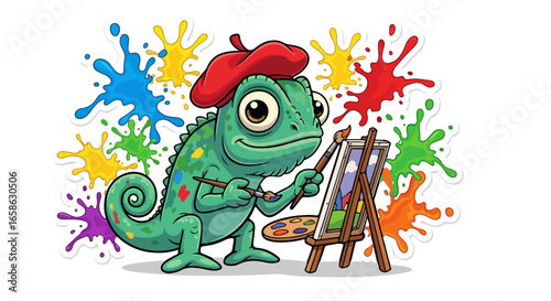 VECTOR Chameleon Artist A Colorful Illustration Featuring an Iguana with Art Supplies and Splatter Paint