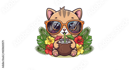 VECTOR Adorable Cartoon Cat with Sunglasses Enjoying a Tropical Drink in Coconut