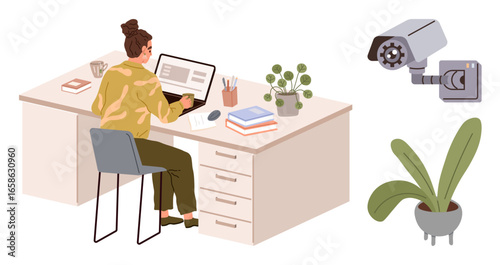 Woman focused on laptop at desk with books, coffee, and plants. Surveillance camera symbolizing security and monitoring. Ideal for workplace, productivity, security, remote work, technology privacy