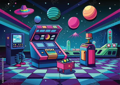 A vibrant and stylized depiction of a space station interior, showcasing futuristic technology with a retro aesthetic.