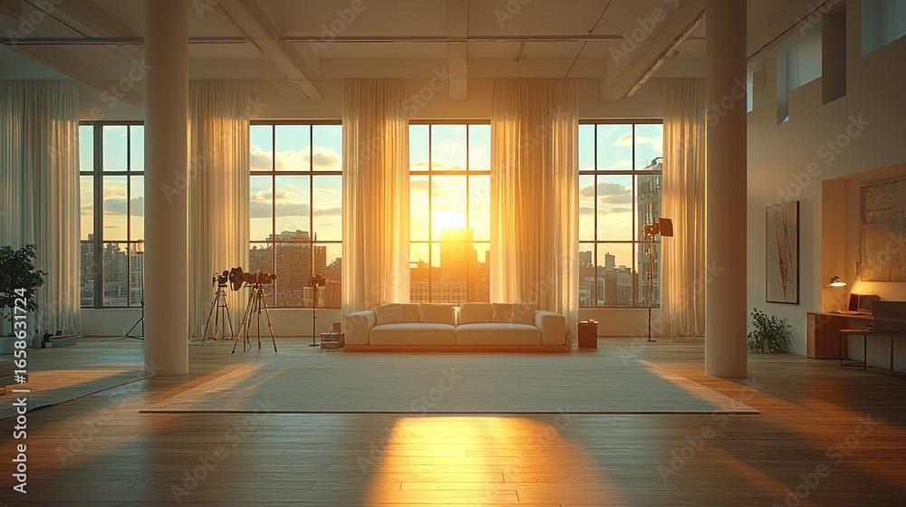 Obraz premium Sunset view from loft apartment living room