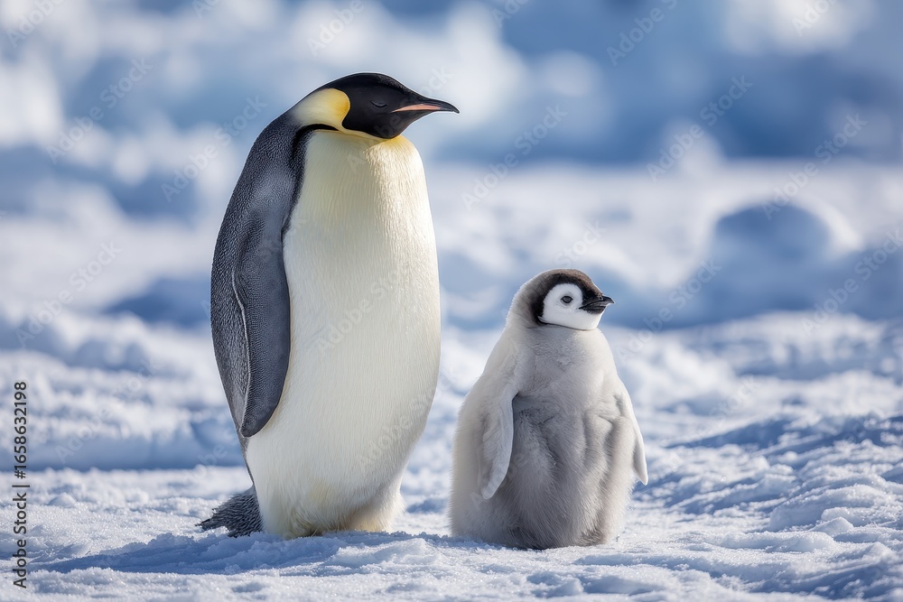 Fototapeta premium Emperor penguin stands tall with chick on Snow Hill Island in Wedde during the harsh Antarctic winter season