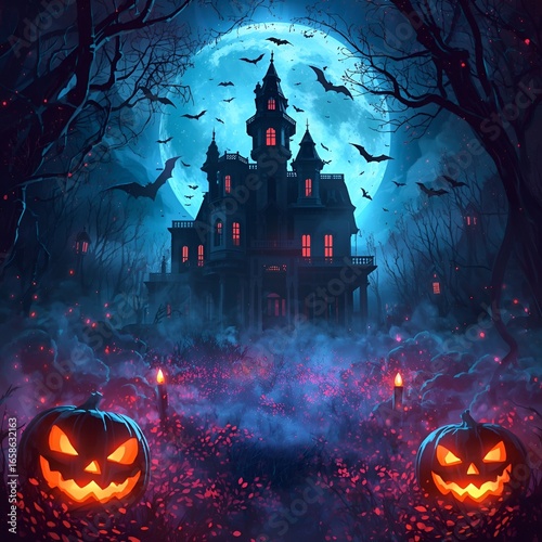 Spooky Halloween Background with Haunted House, Jack-o’-Lanterns, and Mystical Night