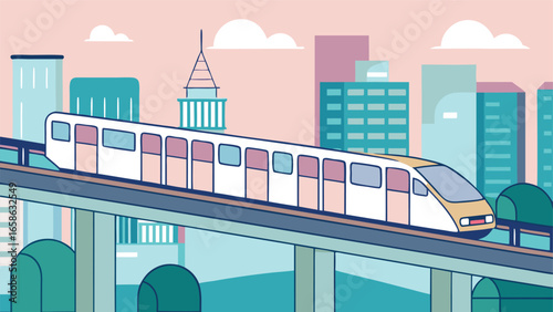 Train glides through a lively city skyline