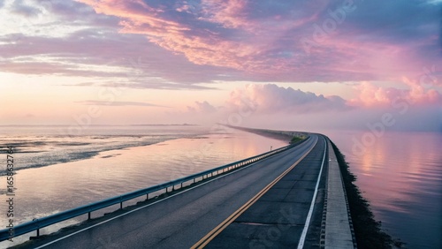 Surreal Ocean Road Under a Pastel Sky
Long Road Over Water at Sunset with Fog
Tranquil Coastal Highway at Dawn with Soft Colors