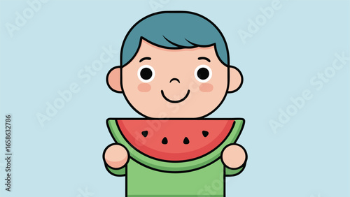 Boy holding a large slice of watermelon happily