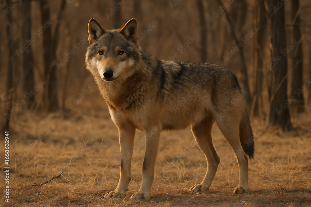 Fototapeta premium A Male Wolf Standing in a Forest Clearing at Sunset