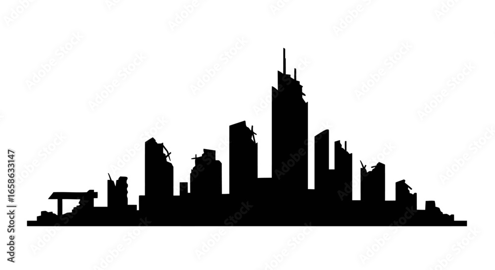 Naklejka premium Devastated City Skyline in Black Silhouette Style Post Apocalyptic Urban Landscape with Ruined Buildings and Skyscrapers silhouette