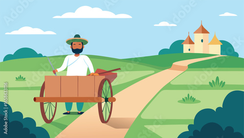Farmer with cart on a country road near castle
