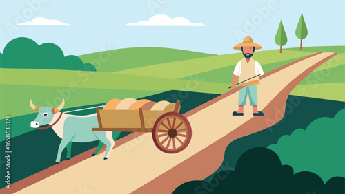 Farmer walking with ox cart down a rural path