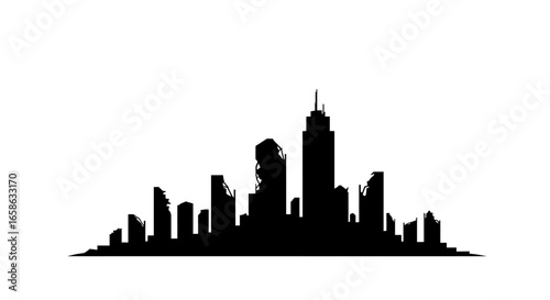 Cityscape Silhouette Depicting Urban Decay and Post Apocalyptic Ruins Against a White Background silhouette