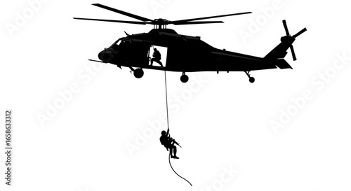 Military Helicopter with Soldiers Fast Roping Black and White Silhouette Special Forces Operation with Rope Descent from Aircraft silhouette