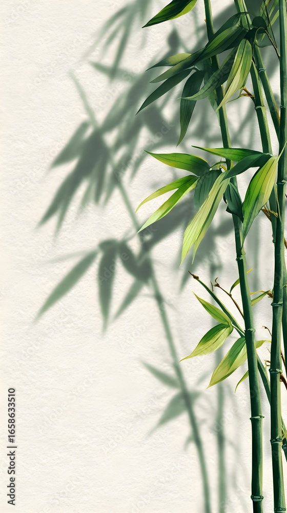 Fototapeta premium Watercolor Bamboo Stalks and Leaves with Natural Shadows on Textured Cream Background