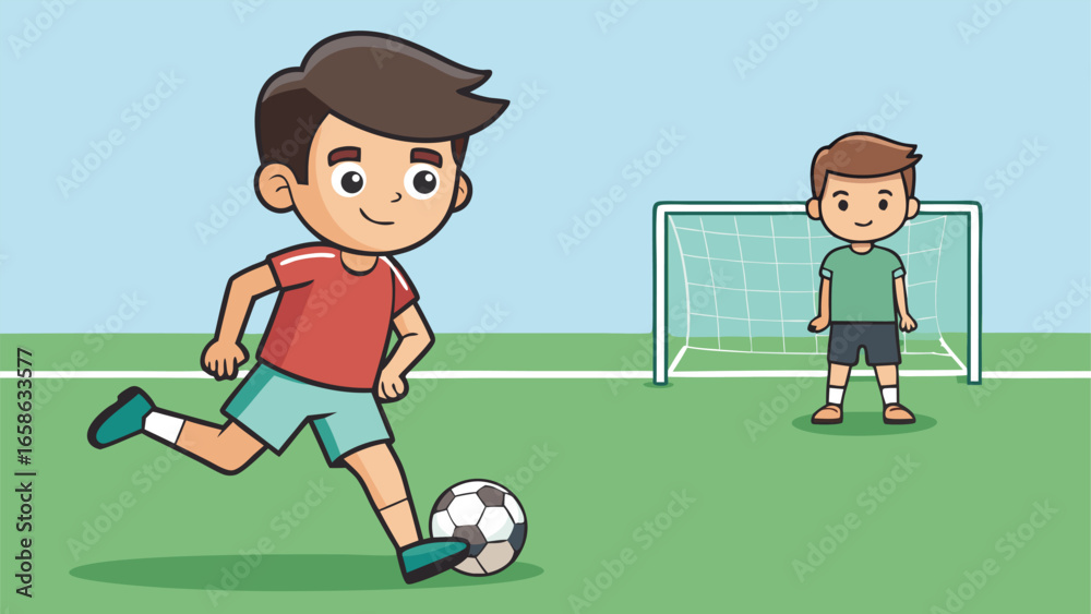 Fototapeta premium Kids playing soccer in a sunny park setting