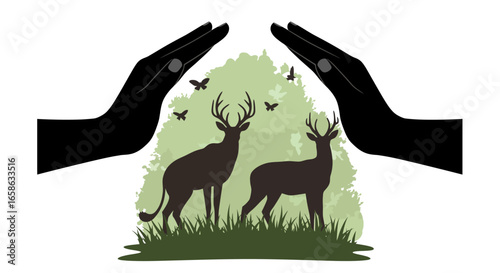 Protecting Wildlife and Nature Concept with Hands Framing Deer and Forest in a Silhouette Style silhouette