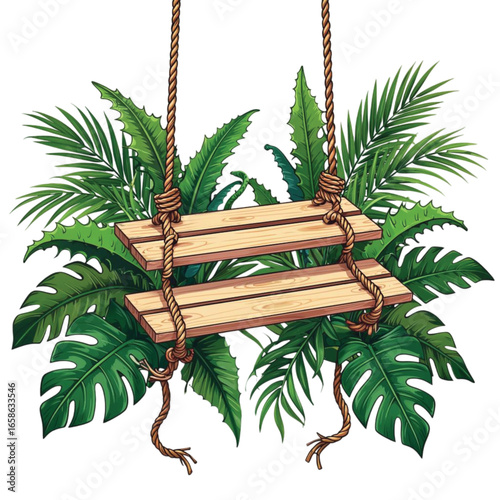 Wooden swing hanging between tropical green plants  