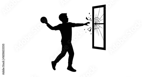 Mischievous Boy Throwing Ball Breaking Window Silhouette Depicting Childhood Rebellion and Recklessness Rendered in a Striking Silhouette Style