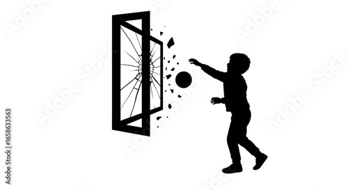 Mischievous Boy Throwing Ball Through Broken Window Silhouette Depicting Childhood Accidents and Vandalism in a Striking Graphic Style silhouette