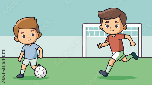 Two kids playing soccer on a grassy field