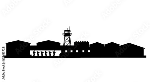 Prison Security with Armed Guards in Silhouette A stark depiction of confinement and control using a silhouette style for dramatic