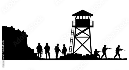 Military Outpost with Soldiers on Patrol in Silhouette Style Featuring a Guard Tower and Armed Personnel in a Black and