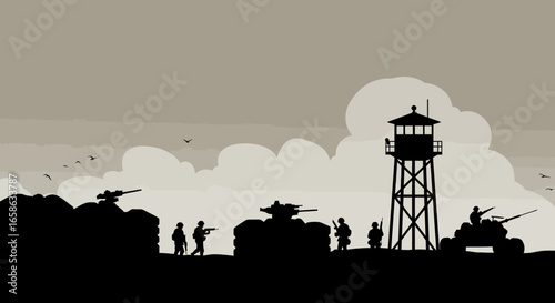 Military Base Under Observation with Soldiers and Tanks in a Monochrome Silhouette Style Depicting Security and Defense silhouette