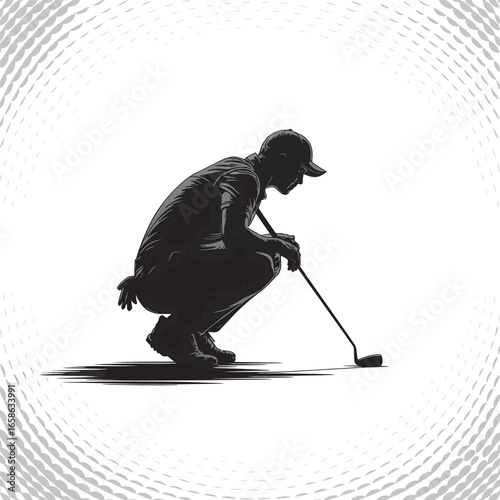 Focused Golfer Silhouette Lining Up His Shot with Precision and Determination on the Golf Course Depicted in Monochrome
