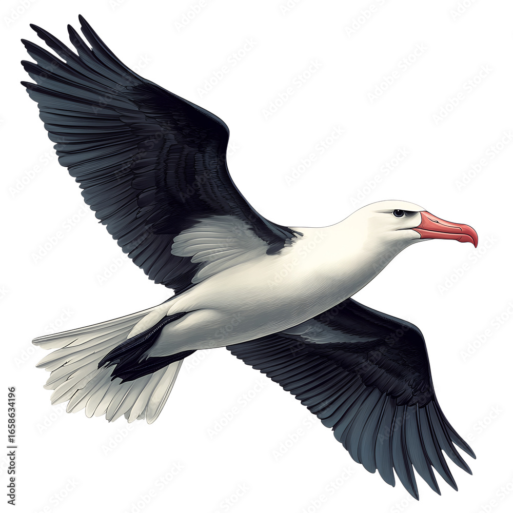 Naklejka premium Albatross flying with wings spread wide against PNG black background bird