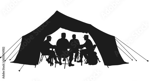 Military Personnel Meeting Under Tent Silhouette Depicting Teamwork Strategy and Planning in a Stylized Silhouette Format