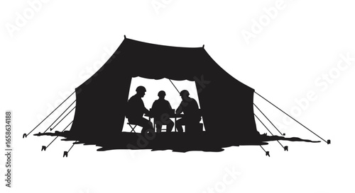 Military Strategy Meeting Inside Tent Silhouette Three Soldiers Planning Illustrating Teamwork and Strategic Decisions in a Tent Presented as a