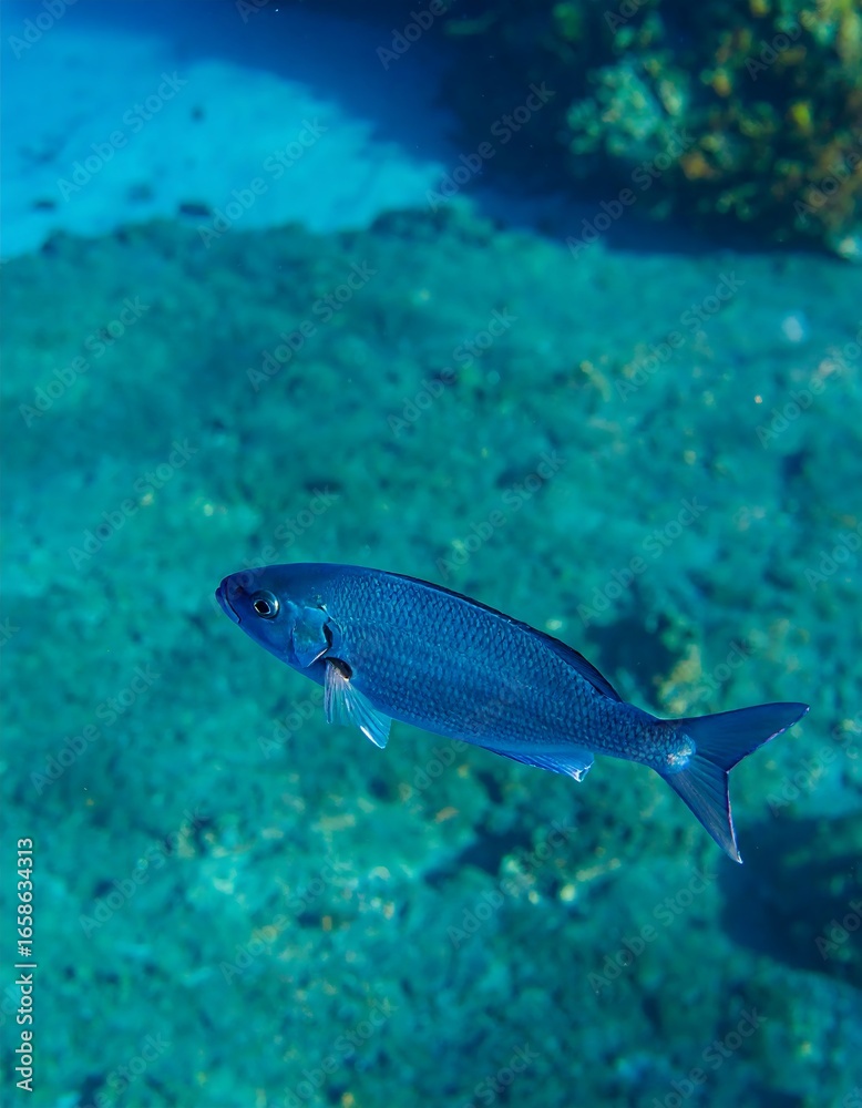 Fototapeta premium Underwater fish swimming in a clear blue environment