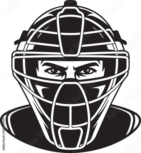 Intense Baseball Catcher Silhouette Wearing Protective Mask Ready for Action Sport Graphic Artwork Illustration Vector Style
