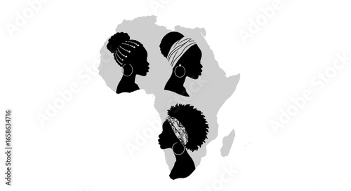 African Women Silhouette with Africa Map Background showcasing diverse hairstyles and headwraps in a striking silhouette style silhouette