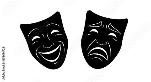 Comedy and Tragedy Theater Masks in Black and White Silhouette Style
