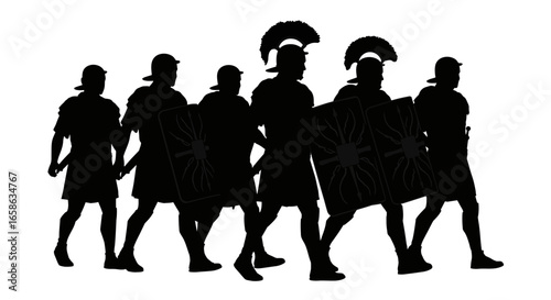 Marching Roman Legionaries with Shields in Silhouette Style Depicted Against a White Background Showcasing Ancient Military Might silhouette