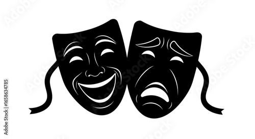 Comedy and Tragedy Masks Depicted in Black and White Silhouette Style Representing Theater Drama and the Range of Human Emotions