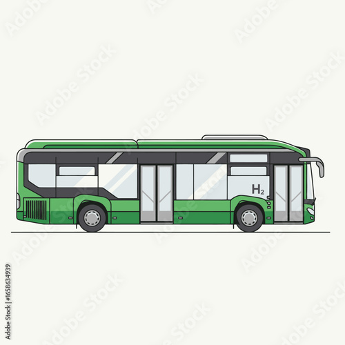Green Hydrogen Bus Illustration on White Background, Eco-Friendly Transportation with H2 Fuel Cell Technology